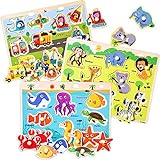 Wooden Peg Puzzles for Toddlers 2 3 4 Years Old, Kids Educational Preeschool Peg Puzzles Toy, 3 Pcs Toddler Puzzles Set - Traffic, Animals and Ocean, Great Gift for Girls and Boys (First Edition)