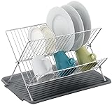 J&V TEXTILES Foldable Dish Drying Rack with Drainboard, Stainless Steel 2 Tier Dish Drainer Rack, Collapsible Dish Drainer, Folding Dish Rack for Kitchen Sink, Countertop, Cutlery, Plates (Gray)