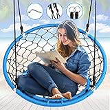 SereneLife Web Chair Swing 35.5' Inch Hanging Netted Seat Kids Indoor Outdoor Yard Round Circle Saucer Swing for Trees or Swing Sets - All Season UV Resistant Rope Net Swing