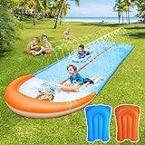 Slip Water Slide, 15ft Extra Long Lawn Water Slides for Kids Adults, Double Lanes Racing Backyard Summer Sprinkler and Splash Water Toy, XL Slip Waterslide with 2 Inflatable Bodyboards Garden Toy