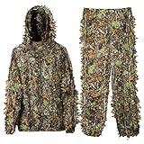 DoCred Ghillie Suit for Men, 3D Leafy Camo Hunting Suits Lightweight Hooded Camouflage Ghillie Breathable Hunting Suit for Jungle Hunting, Shooting, Airsoft, Hallowee Costume