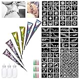 6 Pcs 3 Colors Temporary Tattoos，6 Pages Total 110 Tattoo Pattern Stickers Stencils，Temporary Tattoo Kit，3 Bottles, 12 Nozzles, Blcak, Red, Brown