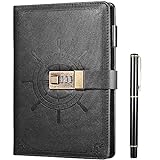 Kesote Black Journal with Lock, Vintage Faux Leather Lock Diary Notebook Planner Organizer with Pen, A5 College Ruled 210 Lined Pages Locking Journal Notebook