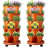 Umigy 2 Set 5 Tier Stackable Planter with Movable Casters and Bottom Saucer Vertical Gardening Planter Garden Planter for Growing Flower Herb Strawberries Vegetables Succulents Planters (Terracotta)