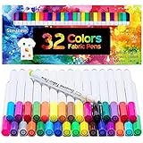 sunacme Fabric Markers Pen, 32 Colors Permanent Fabric Paint Pens Art Markers Set - Fine Tip, Child Safe & Non- Toxic for Canvas, Bags, T-Shirts, Sneakers