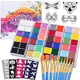 VESPRO Professional Face Body Paint Kit,42 Colors Oil Face&Body Paint Kit (26 Classic Colors+10 Metal Colors +6 UV Glow Colors) with 10 Size Brushes 4PCS Reusable Large Face Stencils and 4PCS Small Paint Stencils for Kids’ and Adults’ Halloween Makeup