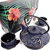 KIYOSHI Luxury 7PC Japanese Tea Set.'Midnight Blue Koi' Cast Iron Tea Pot with 2 Tea Cups, 2 Saucers, Loose Leaf Tea Infuser and Teapot Trivet. Ceremonial Matcha Accessories