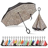 Sharpty Inverted Umbrella for Women - Windproof & Reverse - Easy to Open and Close - Upside Down & C-Shaped Handle - Rain & Wind Resistant - For Travel - Leopard