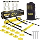 POWER GUIDANCE Agility Ladder (20 Ft) for Speed Agility Training & Quick Footwork Exercise - with 12 Plastic Rungs, 4 Pegs, Carry Bag & 10 Sports Cones (Yellow)