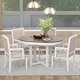 Merax 5-Piece Furniture Set, Round to Oval Extendable Butterfly Leaf Wood Dining Table and 4 Upholstered Chairs with Armrests, 5pcs, White