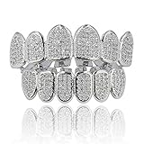 JINAO 18k Gold Plated All Iced Out Luxury Cubic Zirconia Face diamond Grill Silver Teeth Grillz set with Extra Molding Bars Included Diamond Grillz for Men Women (Silver set)