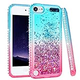 iPod Touch 5 6 7 Case, iPod Touch Case 5th 6th 7th Generation for Girls, Ruky Quicksand Series Glitter Flowing Liquid Floating Bling Diamond Flexible TPU Cute Case for iPod Touch 5 6 7 (Teal Pink)