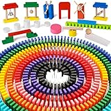 Lewo 1000 PCS Dominoes Set for Kids Wooden Building Blocks Bulk Dominoes Racing Tile Games with Extra 11 Add-on Blocks and Storage Bag