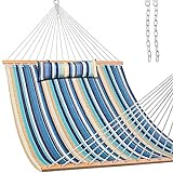 Lazy Daze 12 FT Quilted Fabric Double Hammock with Spreader Bars and Detachable Pillow, 2 Person Hammock for Outdoor Patio Backyard Poolside, 450 LBS Weight Capacity, Beaches Stripe