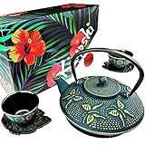 KIYOSHI Luxury 7PC Japanese Tea Set. 'KIYOSHI Green' Cast Iron Tea Pot with 2 Tea Cups, 2 Saucers, Loose Leaf Tea Infuser and Teapot Trivet. Ceremonial Matcha Accessories