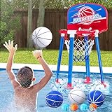 HYES Pool Basketball Hoop Poolside with Backboard, Floating Pool Toys with 4 Basketballs/4 Water Balloons/Pump, Swimming Pool Games for Kids & Adults Indoor Outdoor Play, Red