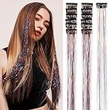 IMAGISM Clip-in Hair Tinsel Extensions Pack of 12 Pcs 20 Inch,Glitter Tinsel Hair Extensions, Festival Gift Tinsel Fairy Sparkling Shiny Hair Extension Party Dazzle for Women Girls Kids (Rainbow)