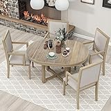 Merax 5-Piece Round Dining Table Set, Extendable Table, Round to Oval Extendable Butterfly Leaf, Wood Dining Table and 4 Upholstered Dining Chairs with Armrests,Kitchen Dining Set (Natural Wood Wash)