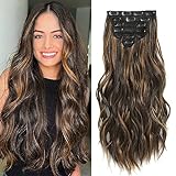 Fliace Highlight balayage dark brown Hairpieces, Natural & Blends Well Clip in Hair Extensions (20inch, 6pcs, Dark roasted coffee & Caraamel brown)