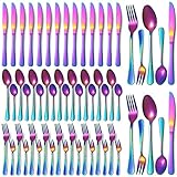 60 Pieces Rainbow Stainless Steel Silverware Set, Titanium Plating Colorful Flatware Cutlery Set for 12, Include Salad Spoon, Salad Fork, Serving Spoon, Serving Fork, Butter Knife, Dishwasher Safe