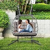 Brafab Luxury X-Large Double Egg Swing Chair 2 Person Hanging Chair Hand Made Rattan Wicker Hammock Chair with Stand and UV Resistant Grey Cushion, Aluminum Frame, for Outdoor Garden Patio Porch