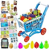 Yeeyuue [Newest] Kids Shopping Cart Toy, Toddler Shopping Cart with 54 PCS Shop Accessories & Storage Properties, Included Grocery Cart Toy, Credit Card, Pretend Fruit Vegetables (Blue)
