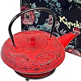 3 Piece Set Cast Iron Teapot Large Capacity 40Oz - 1200ml with Trivet and Loose Leaf Tea Infuser, Cast Iron Tea Kettle Stovetop Safe. Tetsubin Coated with Enamel Interior - Dragon Teapot Red