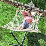 PNAEUT Max 475lbs Capacity Double Hammock with Stand Included 2 Person Heavy Duty Traditional 2 People Rope Hammocks Stand with Pillow for Outside Porch Patio Garden Backyard Outdoor ( Burlywood )
