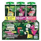 GoGo squeeZ Fruit & veggieZ Variety Pack, Jurassic Pear, Roarrrr Berry & Prehistoric Peach, 3.2 oz (Pack of 20), Unsweetened Snacks for Kids, No Gluten, Nut & Dairy, Recloseable Cap, BPA Free Pouches