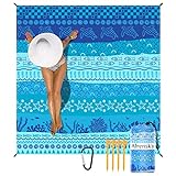 Airensky Beach Blanket, Sandproof Beach Mat 79' X 82' for 4-7 Adults, Large Waterproof Beach Blanket Quick Drying Lightweight Beach Blanket with 4 Stakes for Travel Camping Hiking(Blue Sea World)