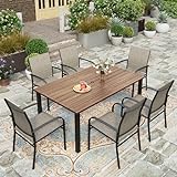 HERA'S HOUSE Outdoor Patio Dining Set, Metal Table with Umbrella Hole, 6 Textilene Dining Chairs with Armrest, All Weather Patio Table and Chairs for Pool Lawn Garden Porch