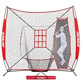AOLIGEIJS 7'X7' Baseball Softball Practice Net,Pitching Net,Batting Net,with Baseball Tee,Bonus Strike Zone and Bow Frame,for Hitting,Pitching, Catching (Red Net + Batter Dummy)