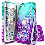 NGB iPod Touch 7 Case, iPod Touch 6/5 Case with HD Screen Protector and Ring Holder for Girls Women Kids, Glitter Liquid Cute Case for Apple iPod Touch 7th/6th/5th Generation (Aqua/Purple)