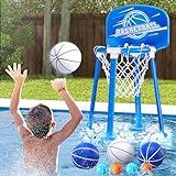HYES Pool Basketball Hoop Poolside with Backboard, Floating Pool Toys with 4 Basketballs/4 Water Balloons/Pump, Swimming Pool Games for Kids & Adults Indoor Outdoor Play, Blue