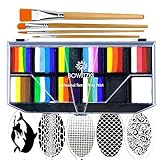 Bowitzki Professional Face Painting Kit For Kids Adults 12x10 gm Face paint Set with Stencil One Stroke Split Cake Non Toxic Rainbow Flora Dolphin Unicorn Flame Body Paint Makeup