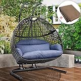 2 Person Swing Chair with Stand, X-Large Wicker Rattan Hanging Egg Chair Loveseat Chair with Cushion and Cover for Indoor Outdoor Bedroom Patio Garden