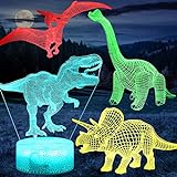Comforhous 3D Dinosaur Night Light for Boys Room, 4-Patterns and Timing Function, 7 Color Changes & Remote Control, LED Illusion Night Lamp T Rex Dino Toys Gifts for Boys Girls Kids 4 5 6 7 8 9 Years