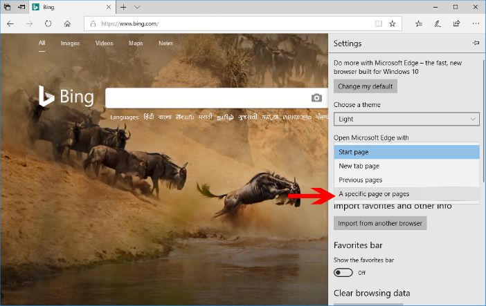 microsoft edge browser settings pane option