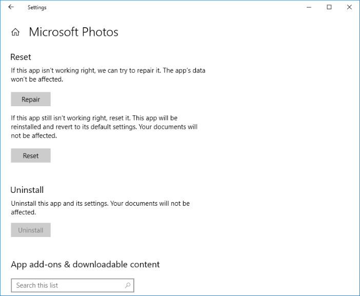 microsoft photos reset settings