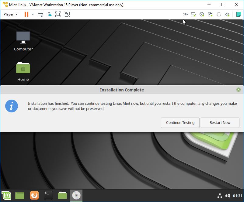 mint linux virtual machine installation complete