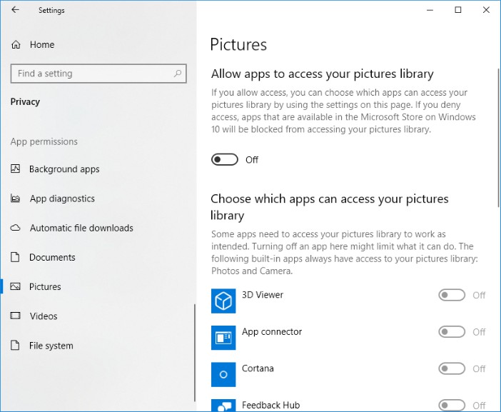 pictures privacy library access settings