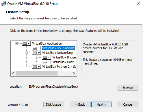 virtualbox install feature location