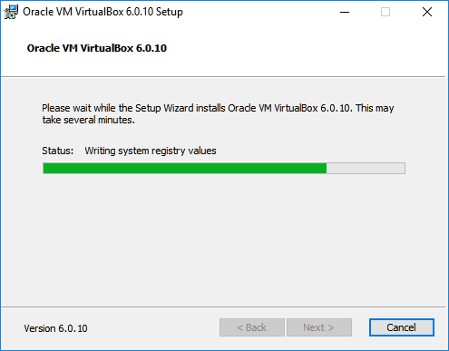 virtualbox install progress writing registry