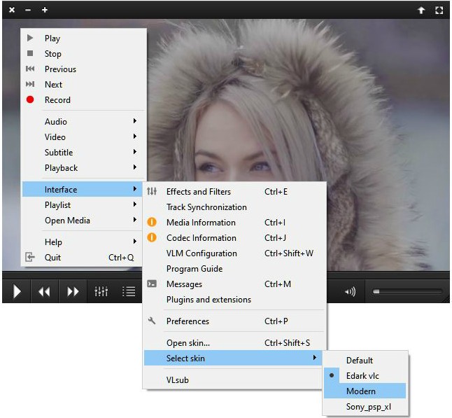 vlc media player change skin menu