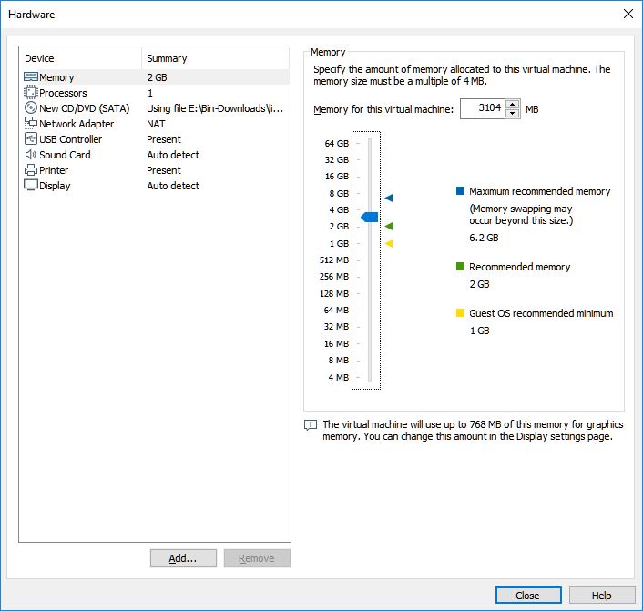 vmware workstation player new virtual machine hardware memory