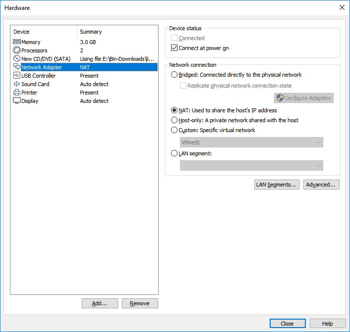 vmware workstation player new virtual machine hardware network adapter