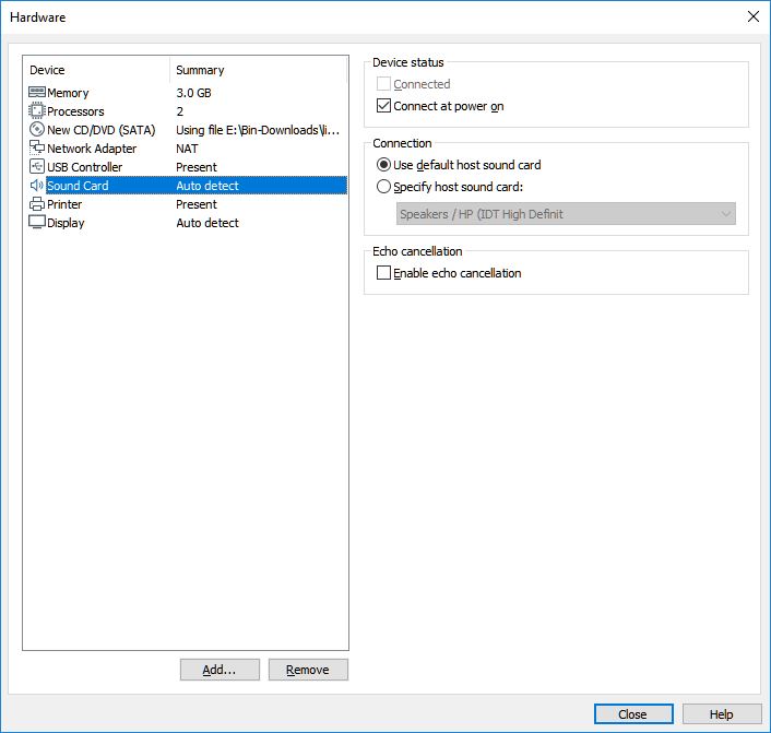 vmware workstation player new virtual machine hardware sound card