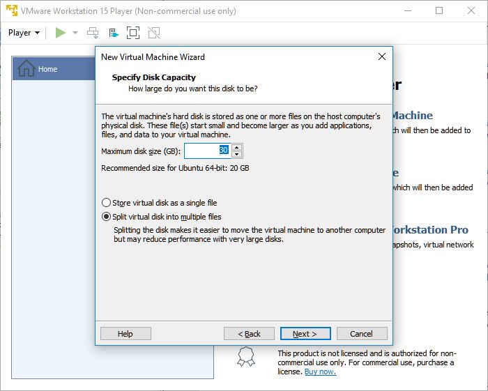 vmware workstation player new virtual machine wizard disk capacity