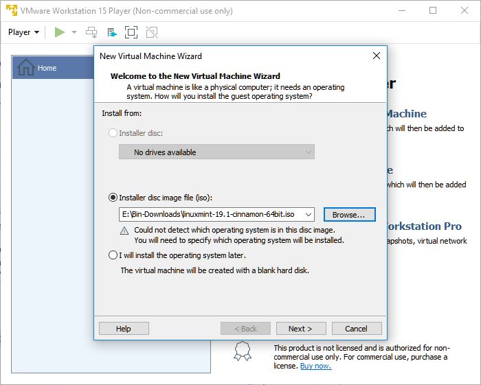vmware workstation player new virtual machine wizard os image file selection