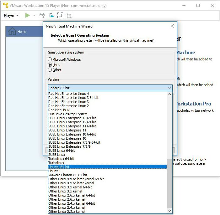 vmware workstation player new virtual machine wizard os selection